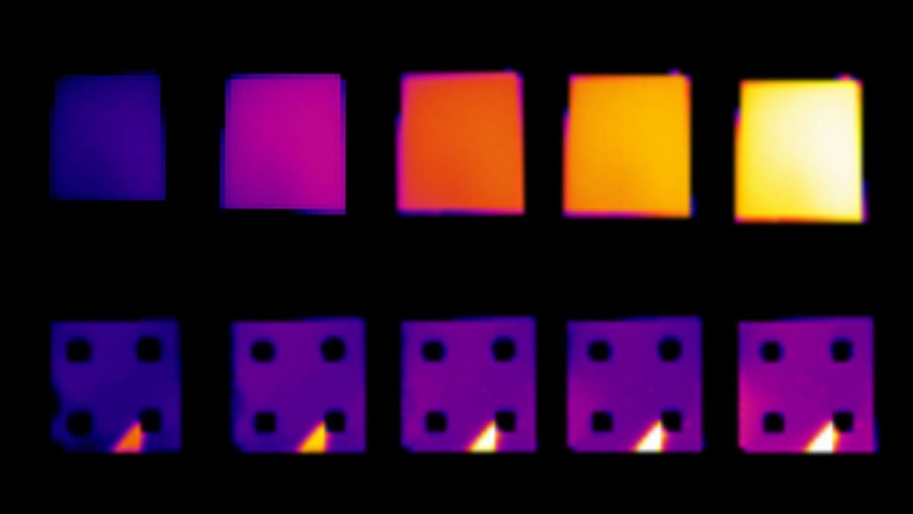 When heated from about 100° to 140° Celsius (left to right), a normal material (top) radiates more brightly, and an infrared camera registers a higher temperature (brighter colors). But a special coating (bottom) fools the camera into detecting little temperature change.COURTESY OF PATRICK RONEY, ALIREZA SHAHSAFI AND MIKHAIL KATS