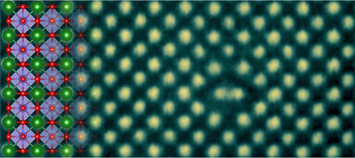 University of Minnesota Professor K. Andre Mkhoyan and his team used analytical scanning transmission electron microscopy (STEM), which combines imaging with spectroscopy, to observe metallic properties in the perovskite crystal barium stannate (BaSnO3). The atomic-resolution STEM image, with a BaSnO3 crystal structure (on the left), shows an irregular arrangement of atoms identified as the metallic line defect core. Credit: Mkhoyan Group, University of Minnesota