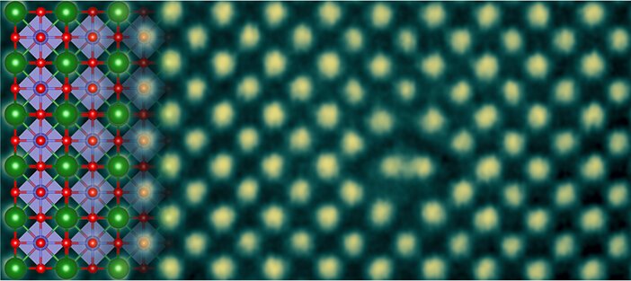 University of Minnesota Professor K. Andre Mkhoyan and his team used analytical scanning transmission electron microscopy (STEM), which combines imaging with spectroscopy, to observe metallic properties in the perovskite crystal barium stannate (BaSnO3). The atomic-resolution STEM image, with a BaSnO3 crystal structure (on the left), shows an irregular arrangement of atoms identified as the metallic line defect core. Credit: Mkhoyan Group, University of Minnesota