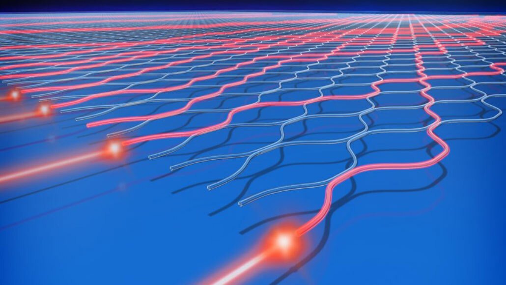 The quantum computer Jiuzhang works by sending particles of light (illustrated in red) into a network of channels and then measuring the photons at the other end.YIHAN LUO