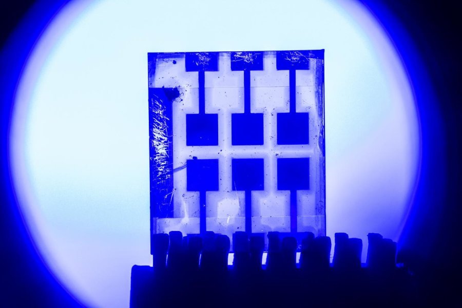 The film in the new perovskite, which contains only inorganic elements (caesium, lead, iodine and bromine), has been tested in a system for optical communication, which confirmed its ability to transfer both text and images, rapidly and reliably.Credit: Thor Balkhed