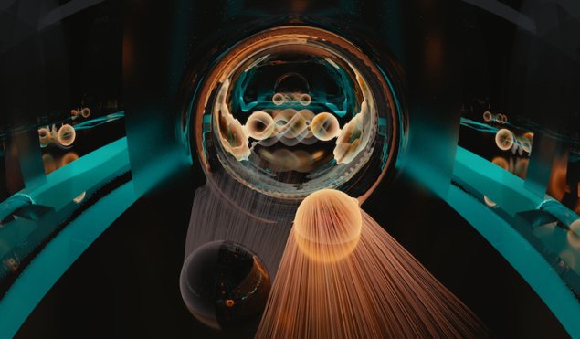 The image represents the observation of Klein tunnelling, a relativistic effect in which a particle can move through a potential barrier between two materials as if the barrier simply wasn’t there. Once an electron (gold sphere) has tunnelled through the barrier, it picks up a partner electron to form a Cooper pair (seen in the image at the far side of the tunnel). As a result, a negatively charged hole (black sphere) is reflected back from the barrier. Generally, there is some scattering of electrons at the barrier suppressing this process. But at the barrier with a topological superconductor, electron scattering is completely forbidden. Perfect electron tunnelling and the hole reflection therefore lead to exact doubling of the conductance. The researchers found that perfect transmission occurred regardless of the origin of the potential barrier and suggest that the finding could be useful in new spintronic and superconducting devices. Credit: Emily Edwards/Joint Quantum Institute